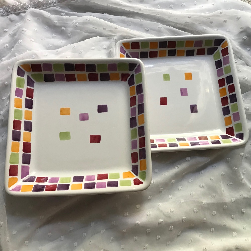 Pampered Chef Simple Additions Square Mosaic‎ Tile Appetizer Plates Set of 2 7in